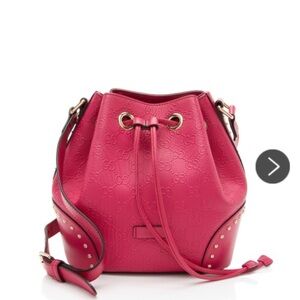 Gucci GG Debossed Diamante Leather Studded Red Bucket Bag